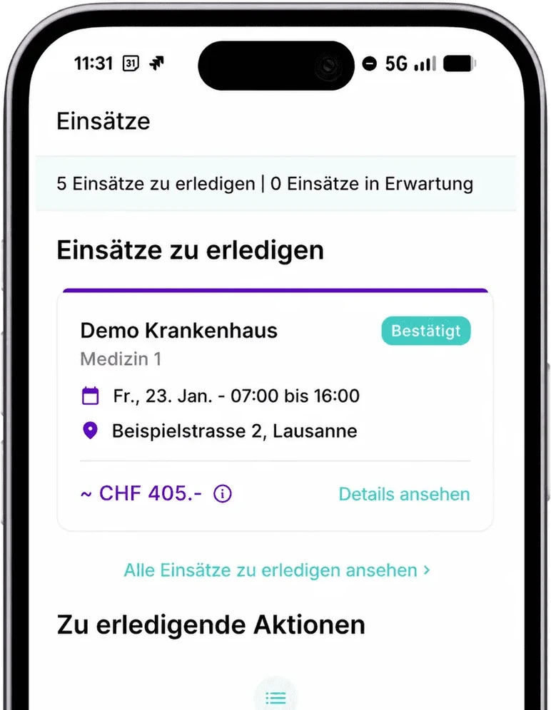 Die Carewell App mit der Übersicht der anstehenden Einsätze.